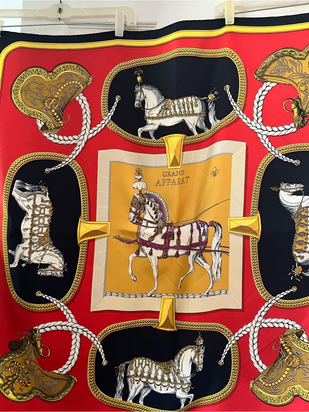 Vintage Hermes Grand Apparat Horse Print Silk Scarf In Red, Gold, Black